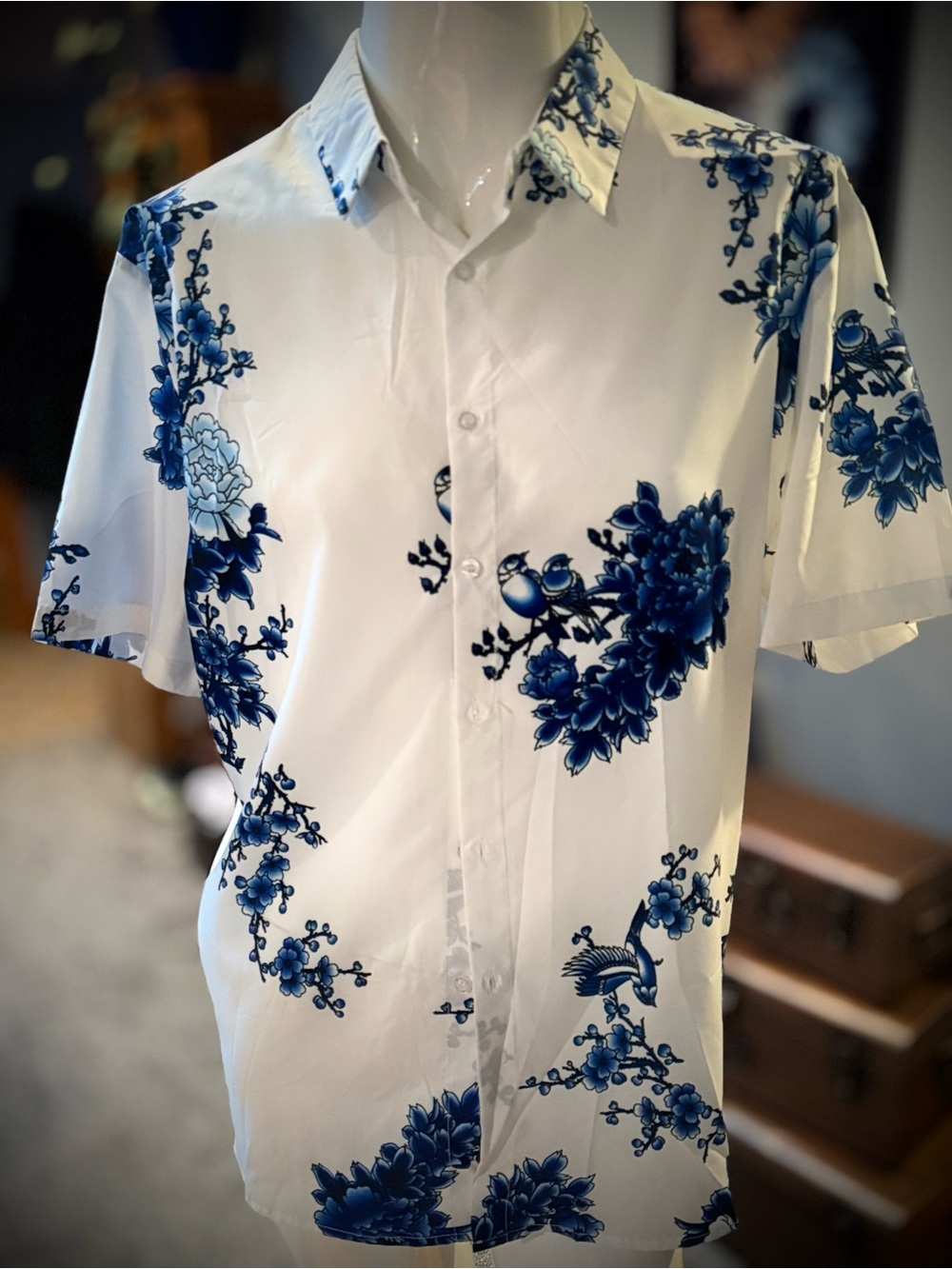 Men's White Short-Sleeve Button-Down Shirt with Blue Floral Print